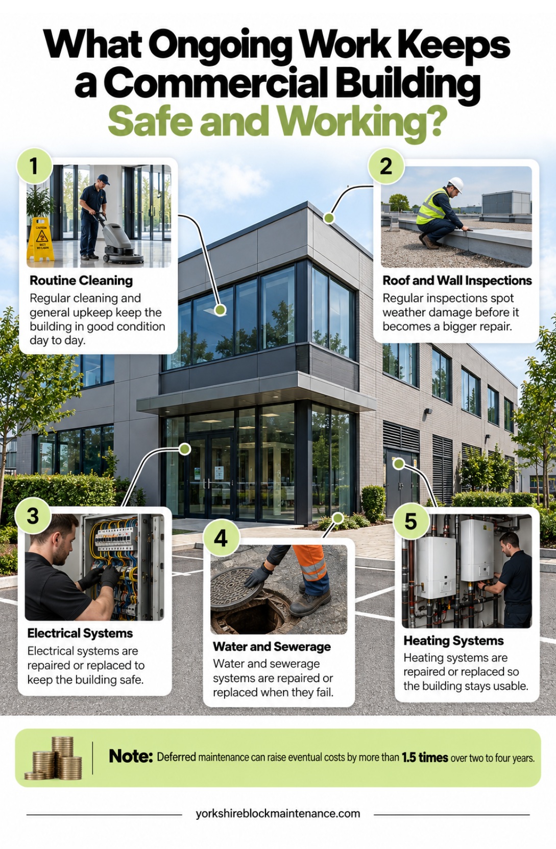 What ongoing work keeps a commercial building safe and working