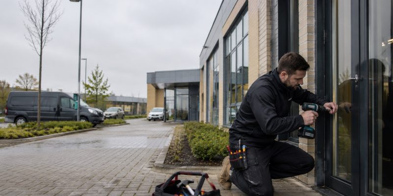 Man working on door frame outside building