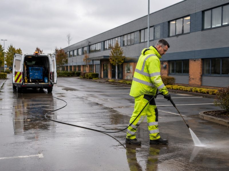 Wet pavement pressure-washing in industrial area
